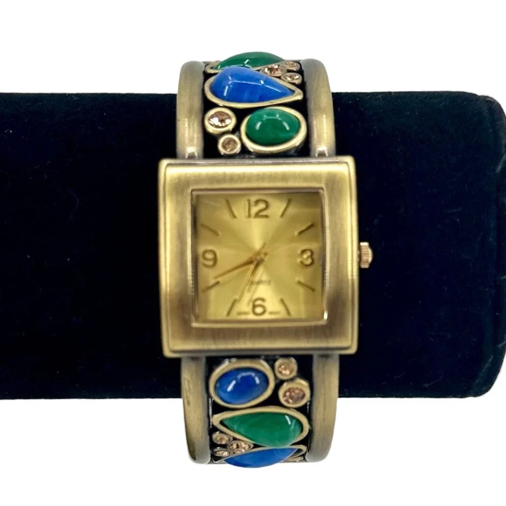 Vintage Womens Cuff Bracelet Watch Cabochon Gold Tone Square Face New Battery